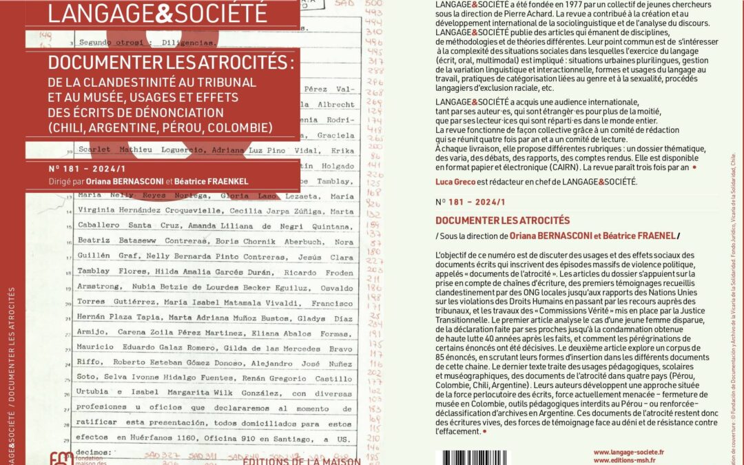 Número Especial sobre ‘Documentar la Atrocidad’ en la Revista Francesa de Sociolingüística ‘Langage et Societé’